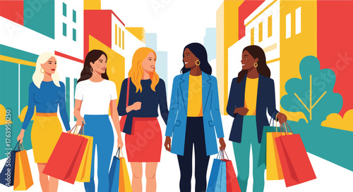 Flat vector of women shopping in city streets with colorful bags, joyful friendship and modern lifestyle illustration
