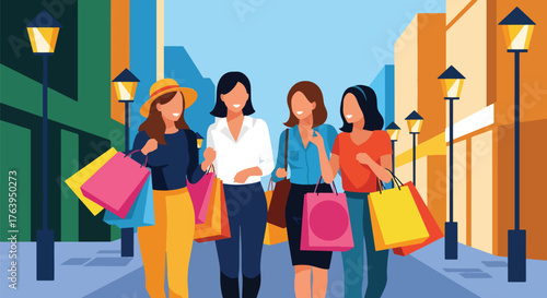 Flat vector of women shopping in city streets with colorful bags, joyful friendship and modern lifestyle illustration