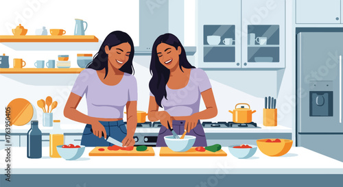 Flat vector of two women friends cooking together in bright kitchen, laughter and teamwork, joyful friendship home scene