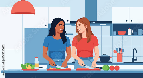 Flat vector of two women friends cooking together in bright kitchen, laughter and teamwork, joyful friendship home scene