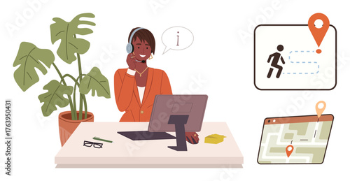 Support agent with headset providing navigation help at desk, computer, and route info visuals. Ideal for customer service, travel assistance, tech support, communication, navigation tools, user