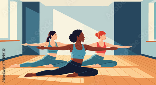 Flat vector of women friends practicing yoga together in studio, harmony, balance, and healthy lifestyle concept