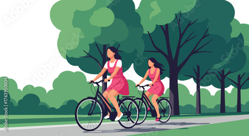 Flat vector of women friends cycling through green park, cheerful outdoor activity representing health and friendship