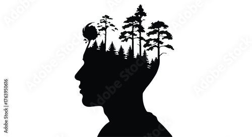 Silhouette of a man's head filled with a forest and a globe, representing environmental consciousness and global connection.