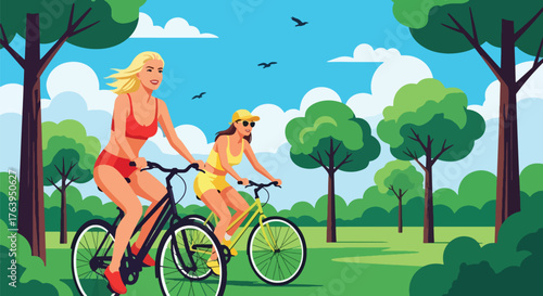 Flat vector of women friends cycling through green park, cheerful outdoor activity representing health and friendship