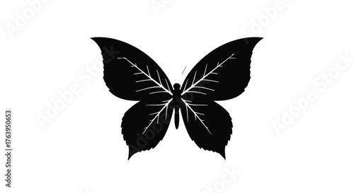 Striking black butterfly silhouette with intricate white vein details on a clean white background.