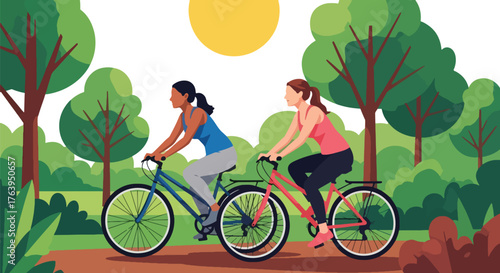 Flat vector of women friends cycling through green park, cheerful outdoor activity representing health and friendship