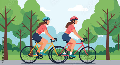 Flat vector of women friends cycling through green park, cheerful outdoor activity representing health and friendship