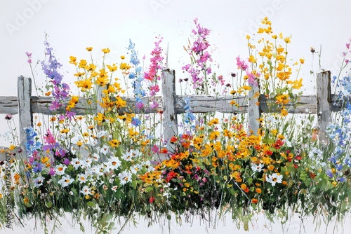 Vibrant Wildflowers Bloom Beside a Rustic Wooden Fence in a Sunny Garden Scene