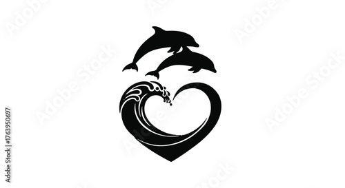 Graceful dolphins leap above a heart-shaped wave, symbolizing love and freedom in the ocean.