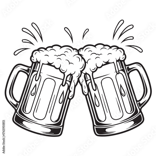 Two frothy beer mugs clinking together isolated on transparent background