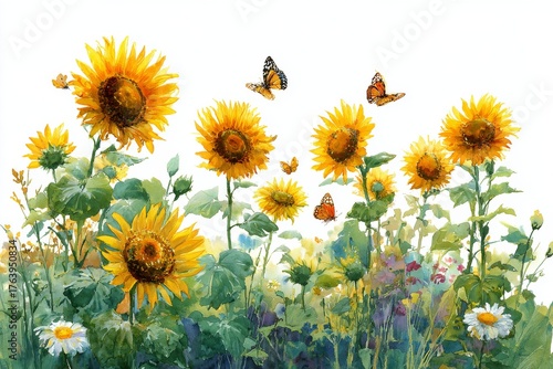 Bright Sunflowers in a Field With Butterflies Fluttering in a Vibrant Summer ...