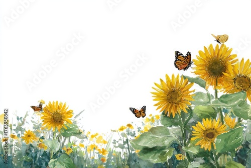 Bright Sunflowers in a Field With Butterflies Fluttering in a Vibrant Summer ...