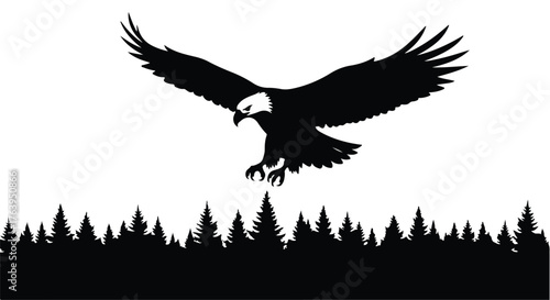 Majestic eagle soaring over a dark evergreen forest