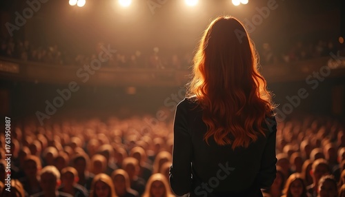 Woman speaker addresses large audience in theater with passionate, engaging talk. Red-haired woman in dark dress, spotlighted on stage, gesticulating with hands. Energetic, confident pro presentation