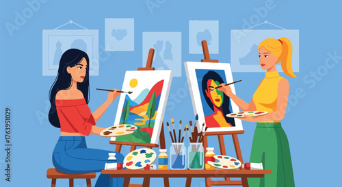 Flat vector of women friends painting on canvas at art class, creative friendship and joyful activity concept