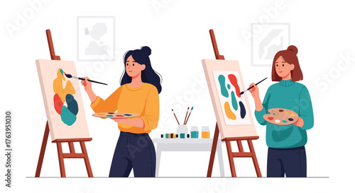 Flat vector of women friends painting on canvas at art class, creative friendship and joyful activity concept