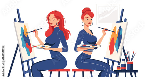 Flat vector of women friends painting on canvas at art class, creative friendship and joyful activity concept