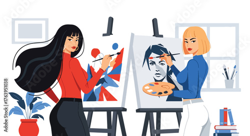 Flat vector of women friends painting on canvas at art class, creative friendship and joyful activity concept