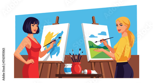 Flat vector of women friends painting on canvas at art class, creative friendship and joyful activity concept