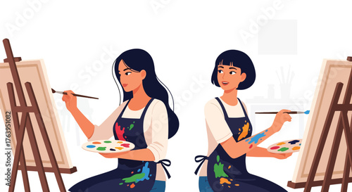 Flat vector of women friends painting on canvas at art class, creative friendship and joyful activity concept