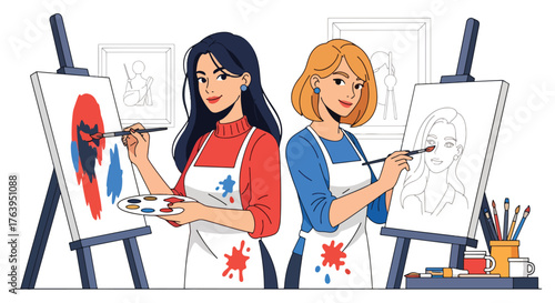 Flat vector of women friends painting on canvas at art class, creative friendship and joyful activity concept