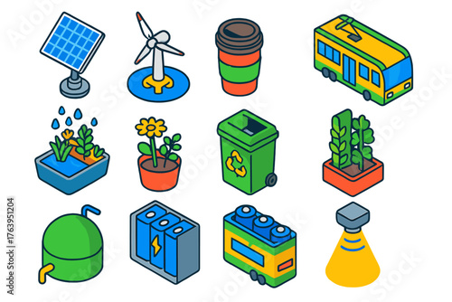 Tech & Sustainability Icons. Isometric vector illustration set technology and sustainability: solar tracking system, offshore