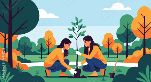 Flat vector of women planting trees in park, teamwork, nature care, and green friendship activity concept