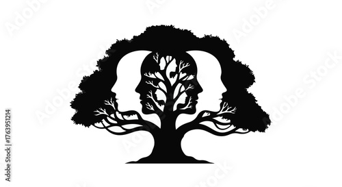 Symbolic tree of life with human profiles forming branches and canopy, representing growth and connection.