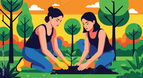 Flat vector of women planting trees in park, teamwork, nature care, and green friendship activity concept