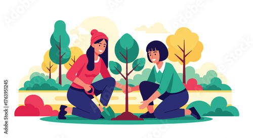 Flat vector of women planting trees in park, teamwork, nature care, and green friendship activity concept
