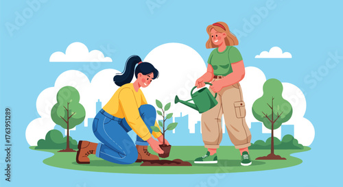Flat vector of women planting trees in park, teamwork, nature care, and green friendship activity concept