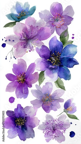 Beautiful Watercolor Flowers in Shades of Purple and Blue With Intricate Deta...