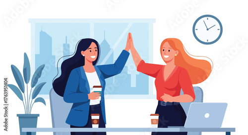Flat design of women coworkers celebrating success in modern office with high-fives and coffee, teamwork and friendship concept