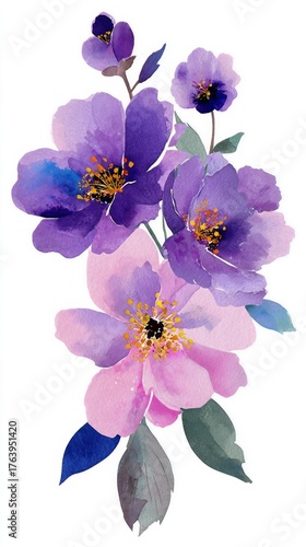 Beautiful Watercolor Painting of Purple and Pink Flowers With Green Leaves