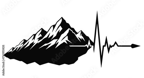 Mountain range silhouette merged with a heartbeat line and arrow, symbolizing adventure and life.