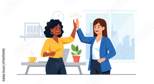 Flat design of women coworkers celebrating success in modern office with high-fives and coffee, teamwork and friendship concept