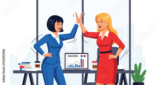 Flat design of women coworkers celebrating success in modern office with high-fives and coffee, teamwork and friendship concept