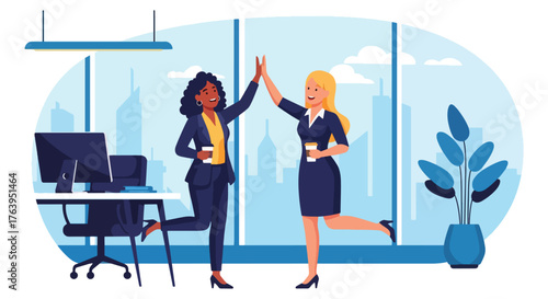 Flat design of women coworkers celebrating success in modern office with high-fives and coffee, teamwork and friendship concept