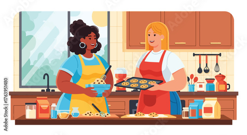 Flat vector of two women baking cookies together in modern kitchen, laughing and sharing stories, friendship and joy theme
