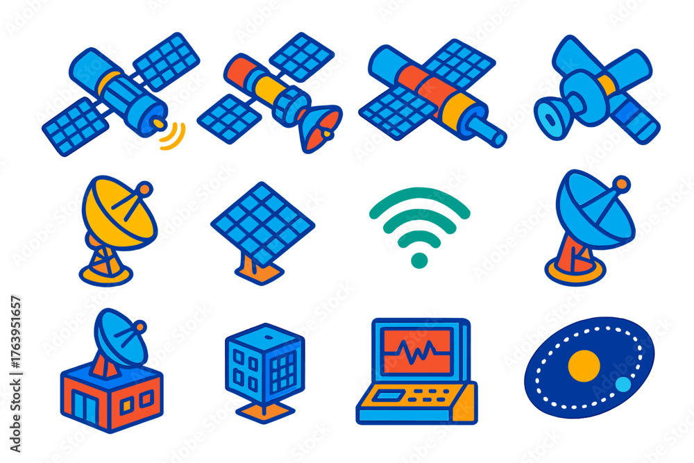 Fototapeta premium Satellite Technology Icons. Isometric vector illustration set Satellite Technology Icons: communication satellite, GPS satellite,