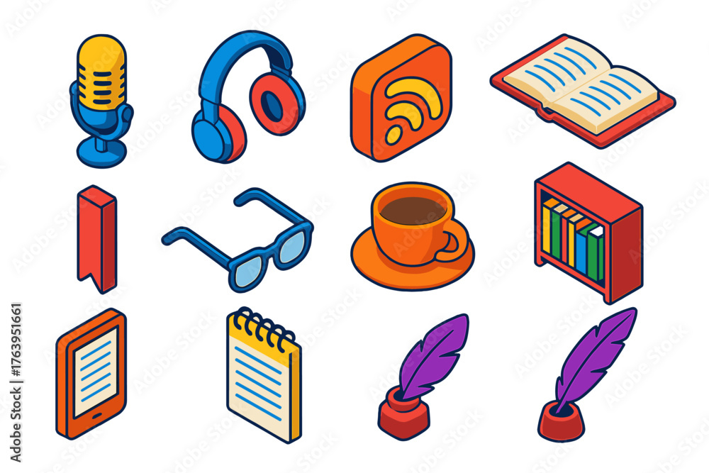 Podcast Icon Set. Isometric vector illustration set Book Review Podcast Icons: microphone, headphones, waveform, RSS feed icon,