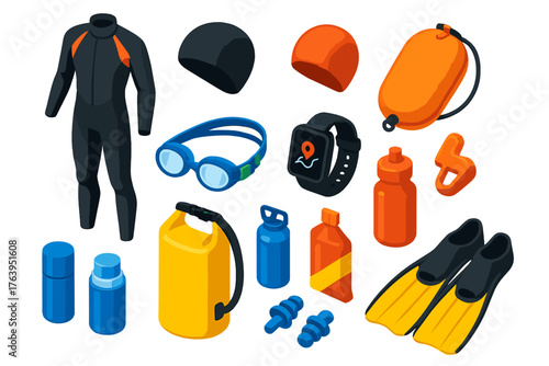 Open Water Swim Essentials. Isometric vector illustration set Open Water Swimming Gear: wetsuit, neoprene swim cap, safety buoy,