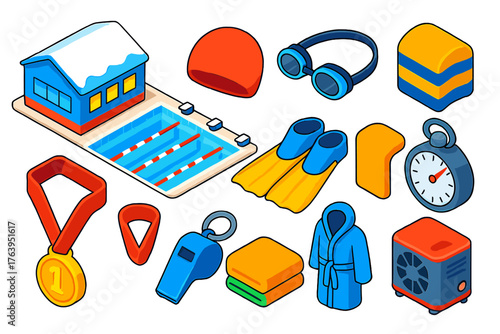Winter Pool Essentials. Isometric vector illustration set Winter Indoor Swimming: indoor pool, swim cap, goggles, swim fins, pull