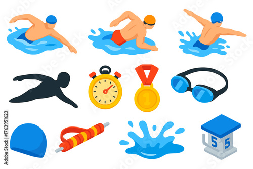 Swimming Strokes Icons. Isometric vector illustration set Competitive Swimming Strokes: freestyle icon, backstroke icon,