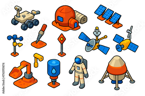Mars Exploration Icons. Isometric vector illustration set Mars Exploration Icons: Mars rover, sample drill, Mars habitat, solar