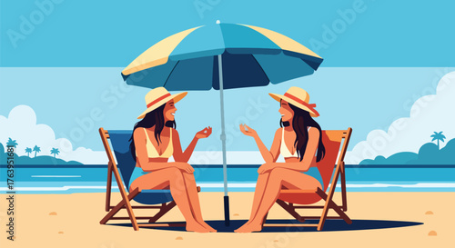 Flat vector of women friends relaxing on sunny beach with drinks and laughter, joyful summer friendship moment