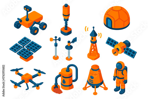 Mars Exploration Icons. Isometric vector illustration set Mars Exploration Icons: Mars rover, sample drill, Mars habitat, solar