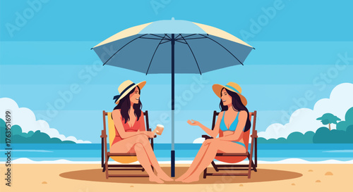 Flat vector of women friends relaxing on sunny beach with drinks and laughter, joyful summer friendship moment