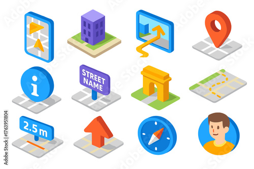 AR Navigation Icons. Isometric vector illustration set AR Navigation Icons: augmented reality map screen, 3D building overlay,